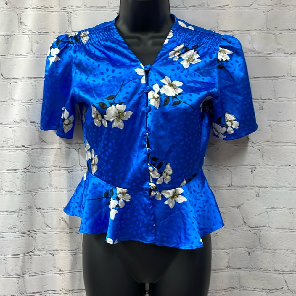 Top shop bright blue satin floral ruched puff sleeve peplum blouse size 4 top